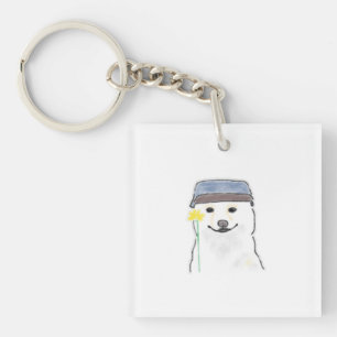 Cute White Dog Wearing Hat Holding Yellow Flower D Key Ring