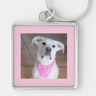 Cute White Dog Wearing Pink Scarf Key Ring