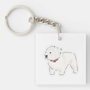 Cute White Dog Wearing Red Collar Doodle Illustrat Key Ring