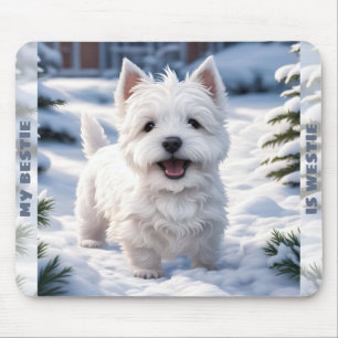 Cute White Dog Westie Winter Snow Custom Name Mouse Pad