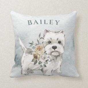 Cute White Dog with Flowers   Westie Cushion