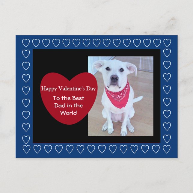 Cute White Dog with Funny Ears Red heart Blue Postcard (Front)
