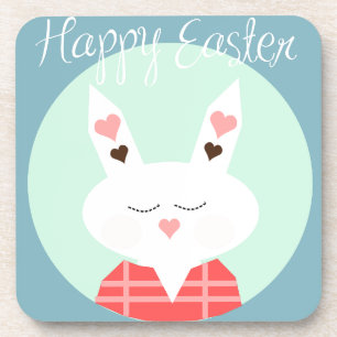 Cute white Easter bunny with pink hearts Coaster