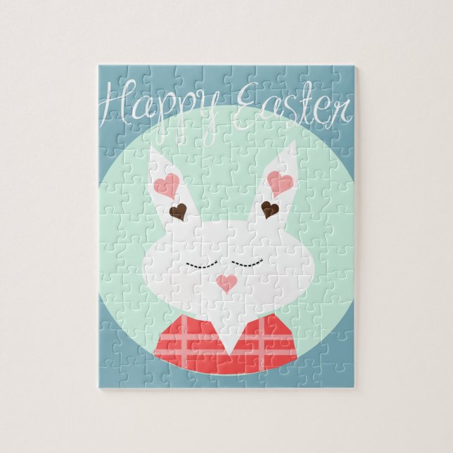 Cute white Easter bunny with pink hearts Jigsaw Puzzle (Vertical)