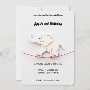 Cute White Elephant Balancing on Rope Personalised Invitation