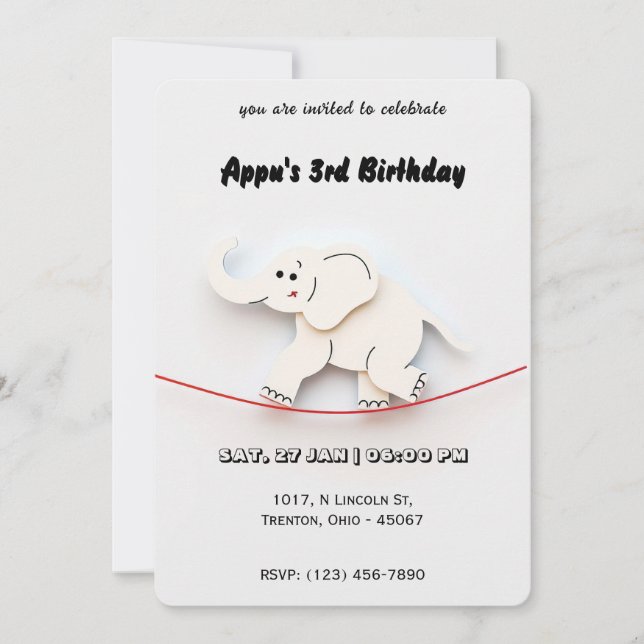 Cute White Elephant Balancing on Rope Personalised Invitation (Front)