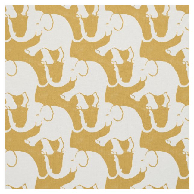 Cute White Elephants Pattern on mustard Fabric (Swatch)