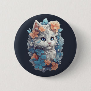 Cute White Floral Kitty Cat 6 Cm Round Badge
