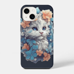 Cute White Floral Kitty Cat iPhone 14 Case