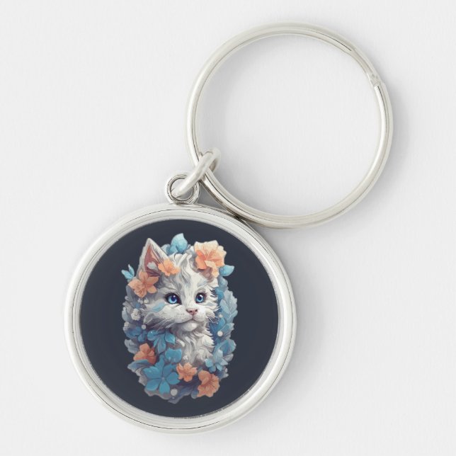 Cute White Floral Kitty Cat Key Ring (Front)
