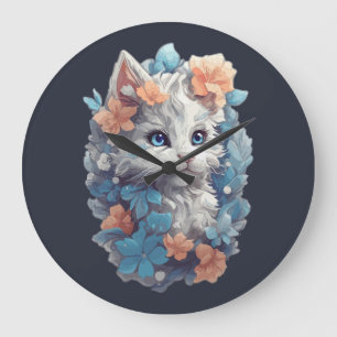 Cute White Floral Kitty Cat Large Clock