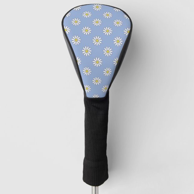 Cute White Flower Daisies Over Sky Blue Golf Head Cover (Front)