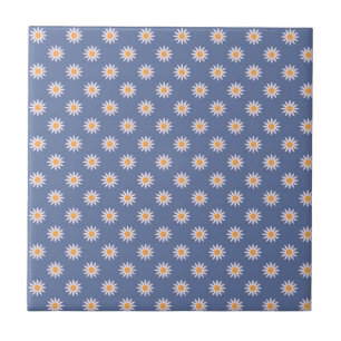 Cute White Flowers on Blue Pattern Ceramic Tile