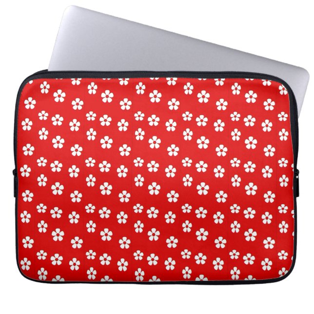 Cute white flowers on red laptop sleeve (Front)