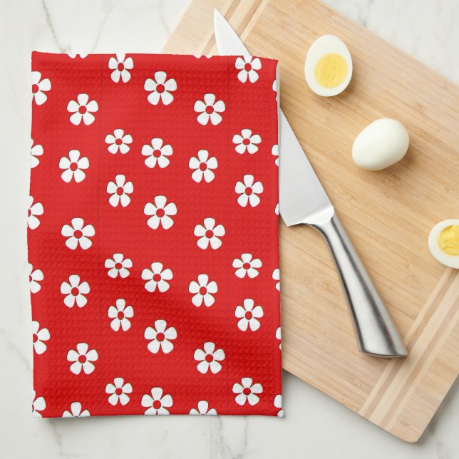 Cute white flowers on red tea towel (Quarter Fold)