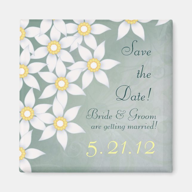 Cute White Flowers Wedding Save the Date Magnet (Front)