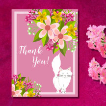 Cute White Fluffy Cat - Flowers on Pink Thank You