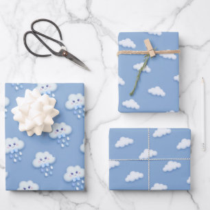 Cute white fluffy cloud nine pale blue boy baby wrapping paper sheet