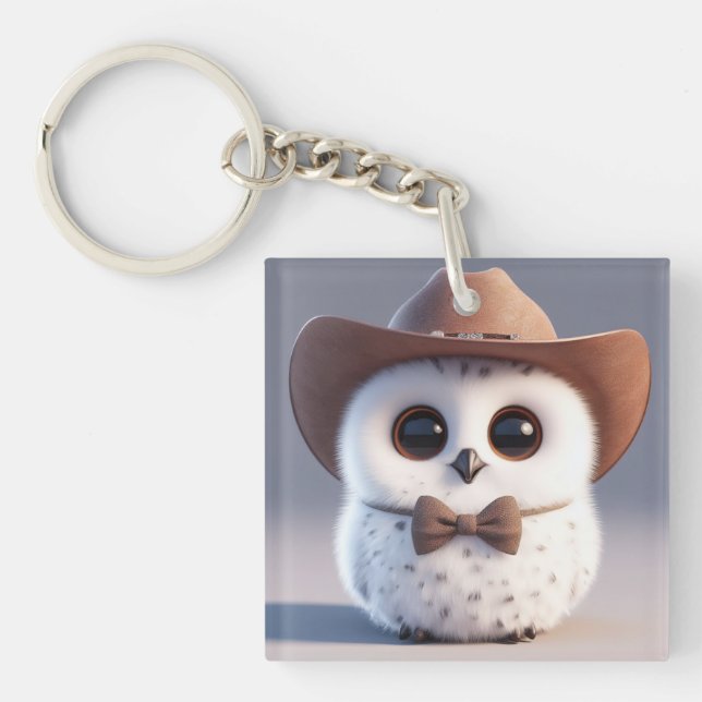 Cute white fluffy owl with a cowboy hat key ring (Front)