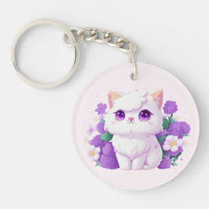 Cute White Fluffy Persian Cat with Morning Glory Key Ring