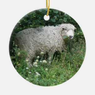 Cute White Fluffy Sheep Eating Ceramic Ornament