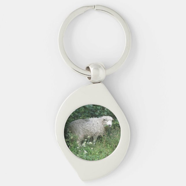 Cute White Fluffy Sheep Eating Keychain (Front)