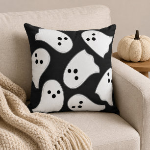 Cute White Flying Ghost Pattern Black Halloween Cushion