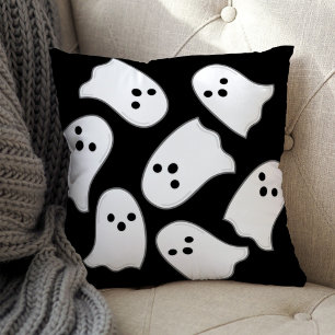 Cute White Flying Ghost Pattern Black Halloween Cushion