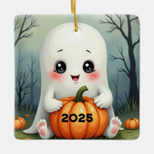 Cute White Ghost Holding Pumpkin Ceramic Ornament