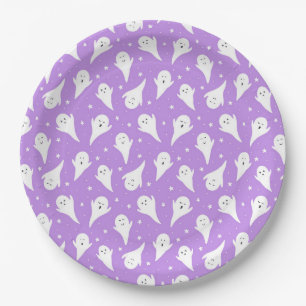 Cute White Ghost Silhouette - Purple Halloween  Paper Plate