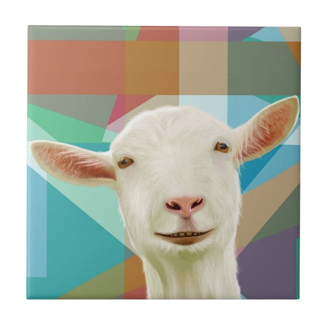 Cute White Goat Colourful Geometric Background Ceramic Tile (Front)