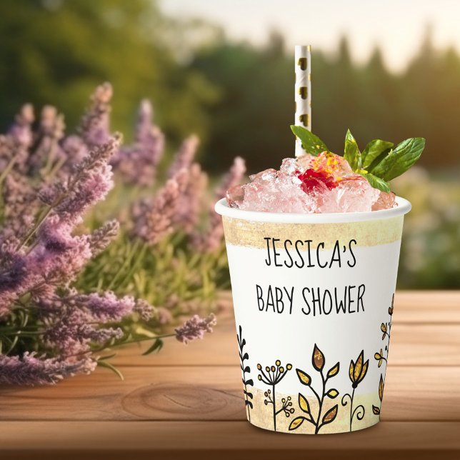 Cute White Gold Floral Custom Name Baby Shower Paper Cups (Creator Uploaded)