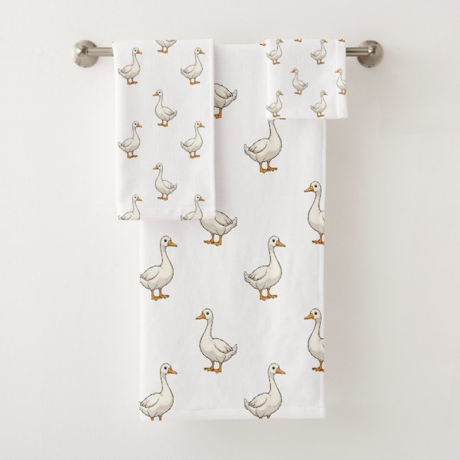 Cute White Goose Pattern Bath Towel Set (Insitu)