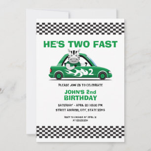 Cute White & Green Race Car Two Fast 2nd Birthday Invitation