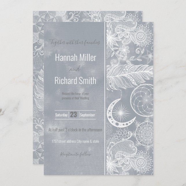 Cute White & Grey Dreamcatcher Feathers Mandala Invitation (Front/Back)