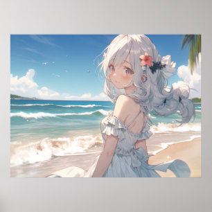 Cute white haired anime girl on the beach poster