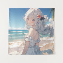 Cute white haired anime girl on the beach
