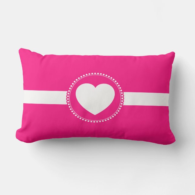 Cute White Heart in Scalloped Circle on Hot Pink Lumbar Cushion (Front)
