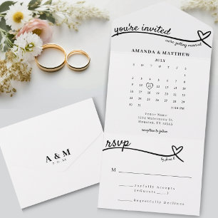 Cute White Heart Line Monogram Calendar Wedding All In One Invitation