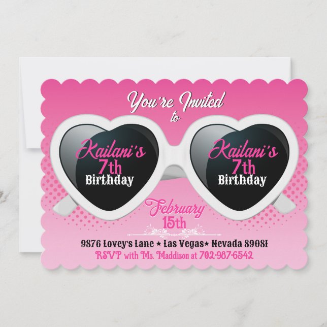 Cute White Heart Sunglasses Pink Birthday Photo Invitation (Front)