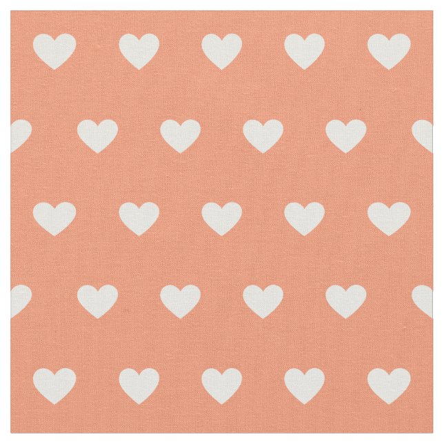 Cute White Hearts Dot Pattern Peach Fabric (Close Up)