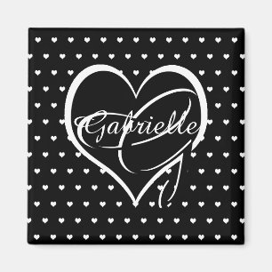 Cute White Hearts on Black Heart Name Monogram Magnet