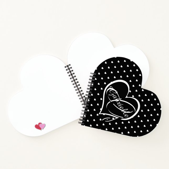 Cute White Hearts on Black Heart Name Monogram Notebook (Inside)