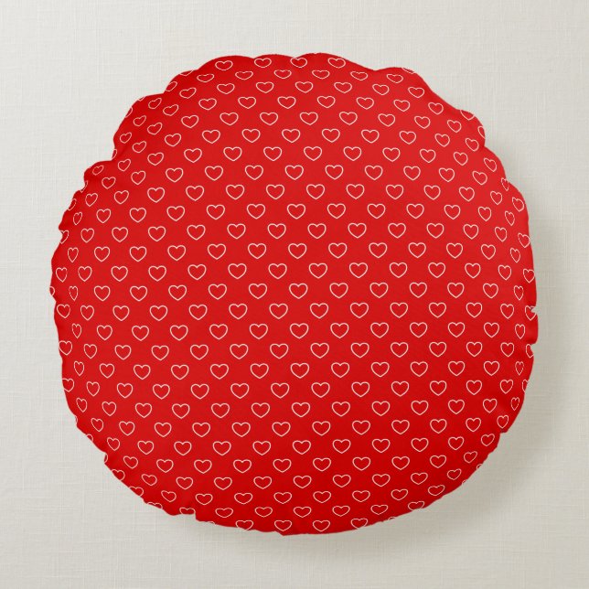 Cute White Hearts Pattern On Lovely Red Round Cushion (Front)