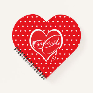 Cute White Hearts with Red & White Hearts Monogram Notebook