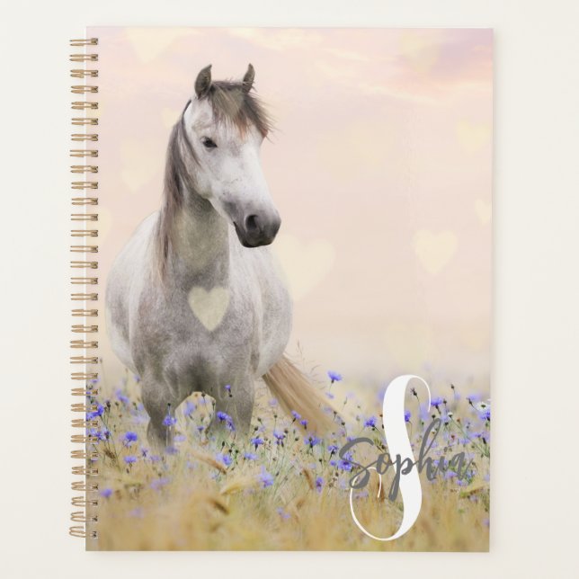 Cute White Horse Purple Flower Monogram Planner (Front)