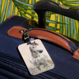 Cute White Horse Purple Flower Personalised Luggage Tag