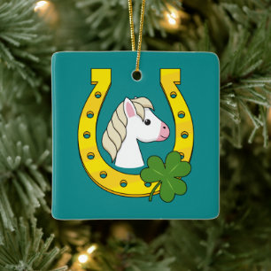 Cute White Horse w Golden Horse Shoe, Shamrocks Ceramic Ornament
