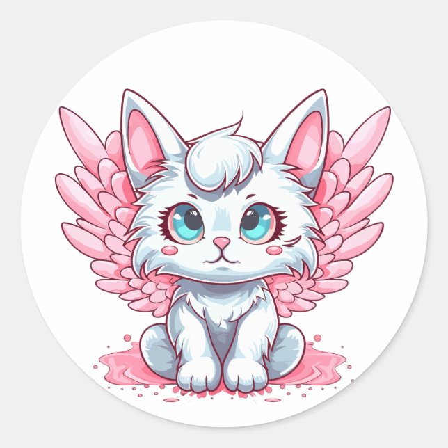 Cute White Kawaii Kitten with Pink Wings Classic Round Sticker (Front)