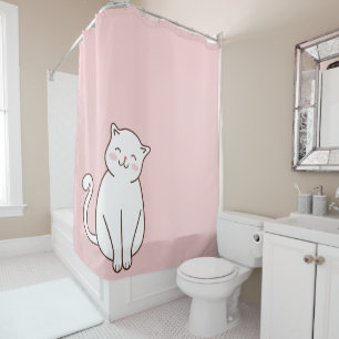 Cute White Kawaii Smiling Cat on Pink Shower Curtain